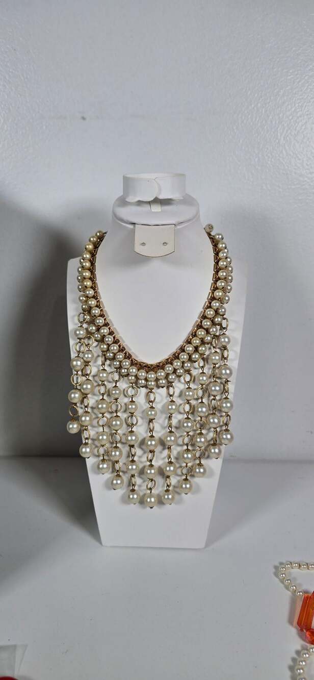 #378 Waterfall Faux Pearl Fringe Statement Necklace • Vintage